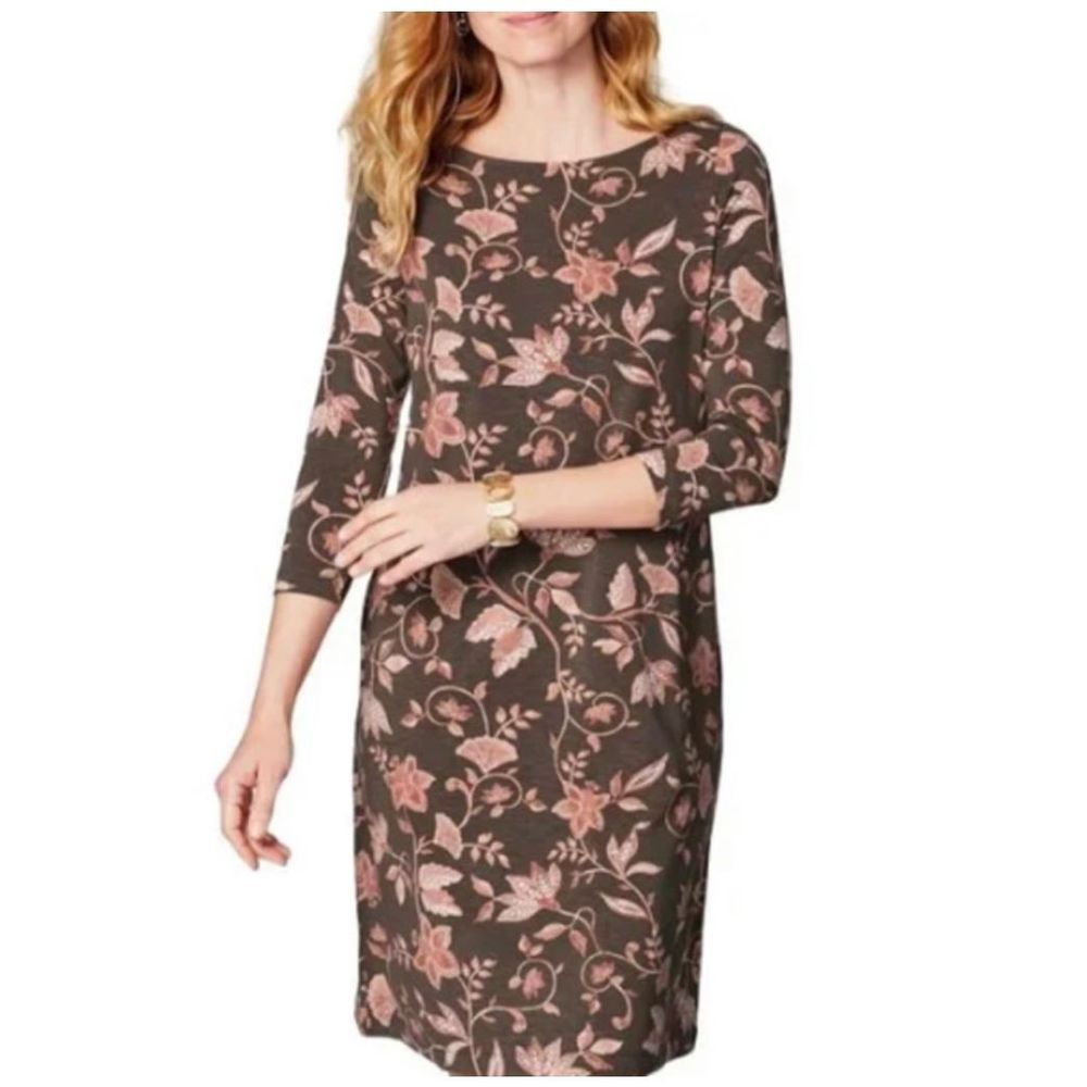New J. Jill Brown Floral Flower Stretch Jersey Knit Dress  Women’s Size Large